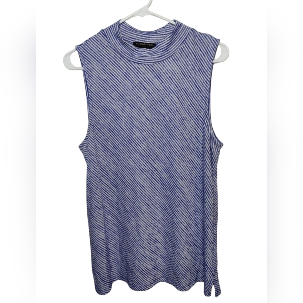 Banana Republic Sleeveless Knit Top Blue White Striped Mock Neck L